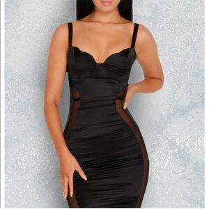 Satin Mini Dress with Mesh Inserts - Black - Size 6 Oh Polly